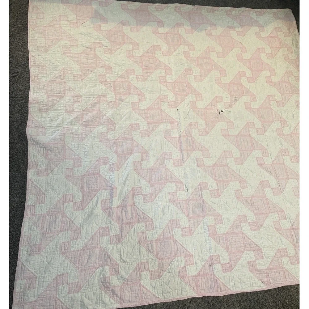 VTG ANTIQUE HANDMADE QUILT 69x69 Drunkard's Path Pink White Cottage 1920's Loved